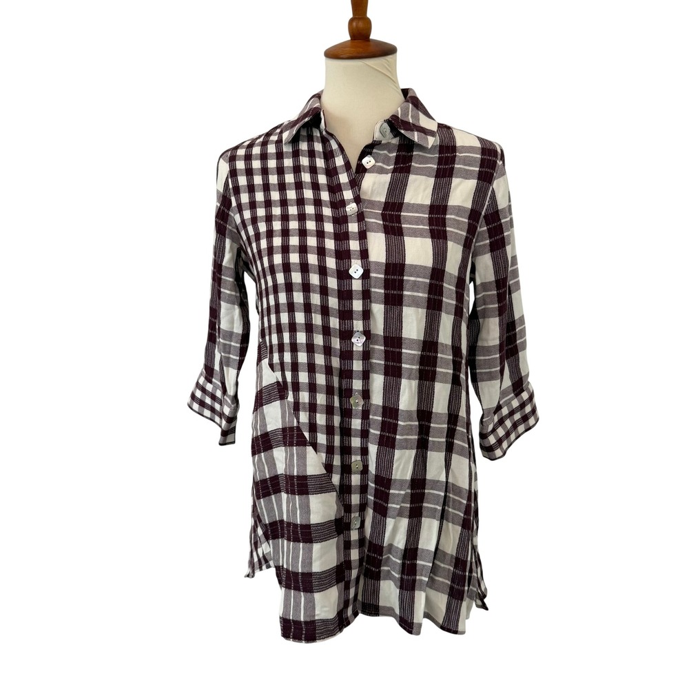 Soft Surroundings Burgundy Plaid Back Button‎ Tunic Shirt Womens PXS 3/4 Sleeve